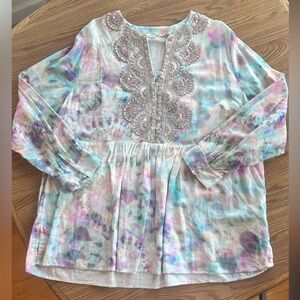 Soft Surroundings Tunic, V-Neck, Pastel w/Beautiful Embroidery & beading, 2X